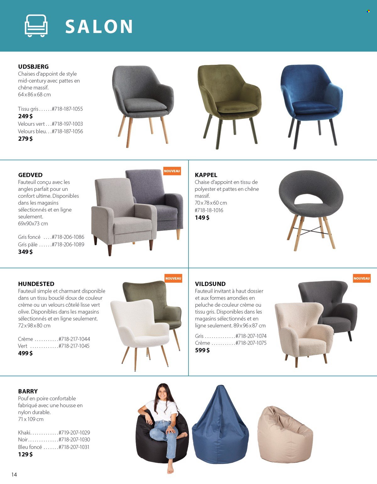 Circulaire JYSK - Produits soldés - chaise, fauteuil, pouf, poire. Page 14.