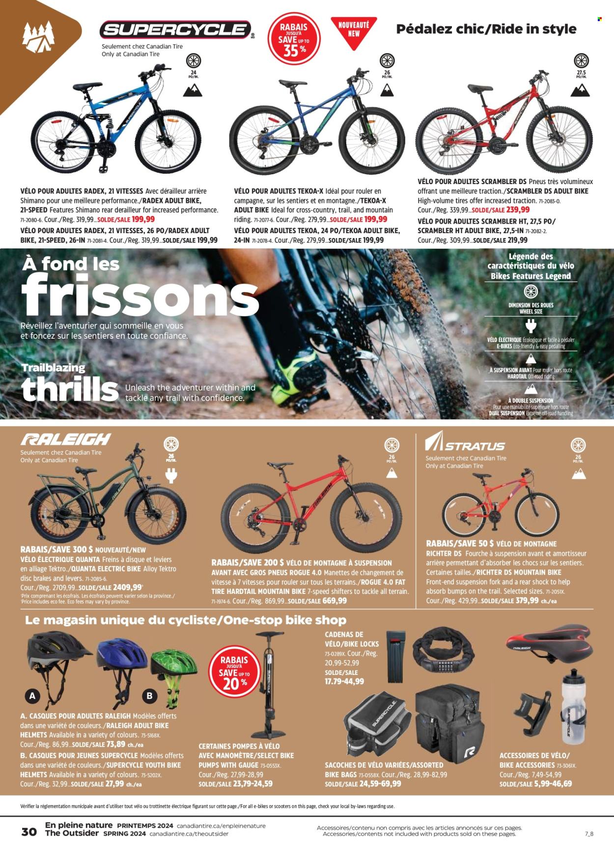 thumbnail - Circulaire Canadian Tire - 18 Avril 2024 - 08 Mai 2024 - Produits soldés - trottinette, trottinette électrique, vélo électrique, vélo de montagne. Page 30.