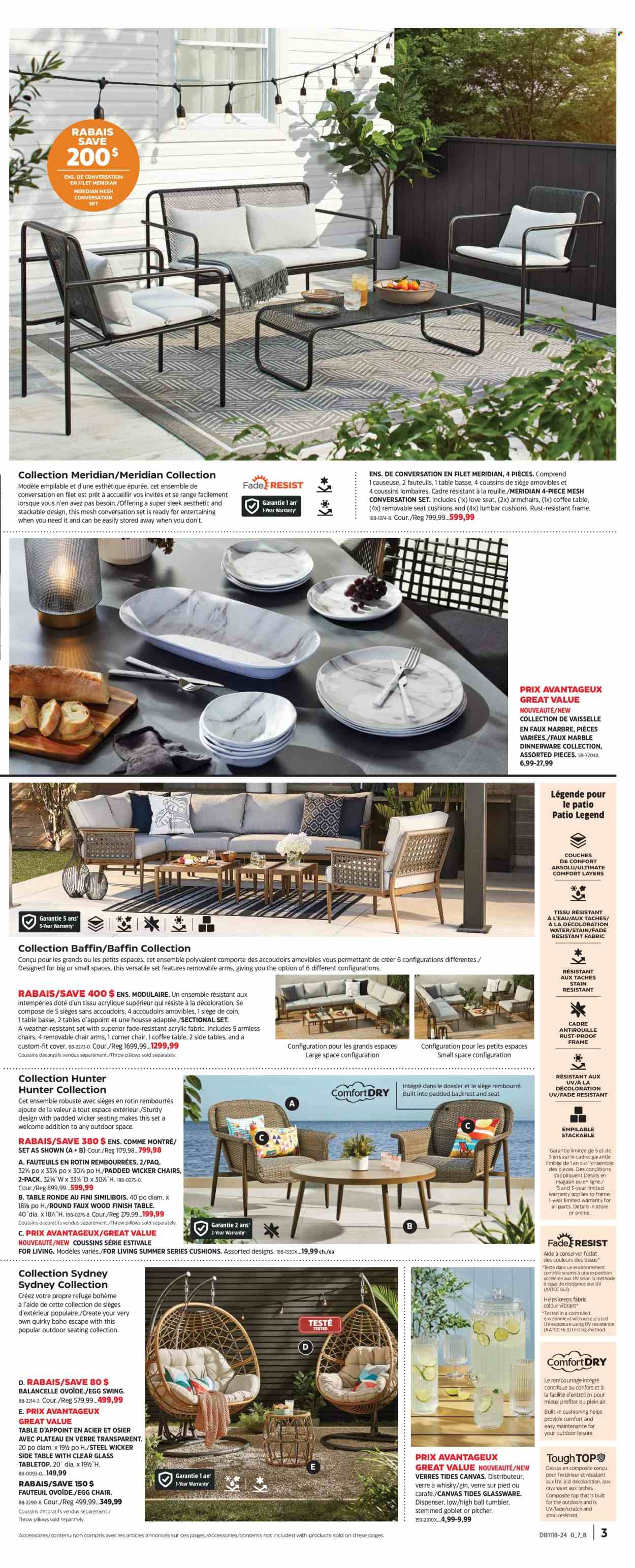 thumbnail - Circulaire Canadian Tire - 25 Avril 2024 - 15 Mai 2024 - Produits soldés - Finish, carafe, vaisselle, coussin, housse, table, table ronde, fauteuil, table basse, table d'appoint. Page 3.