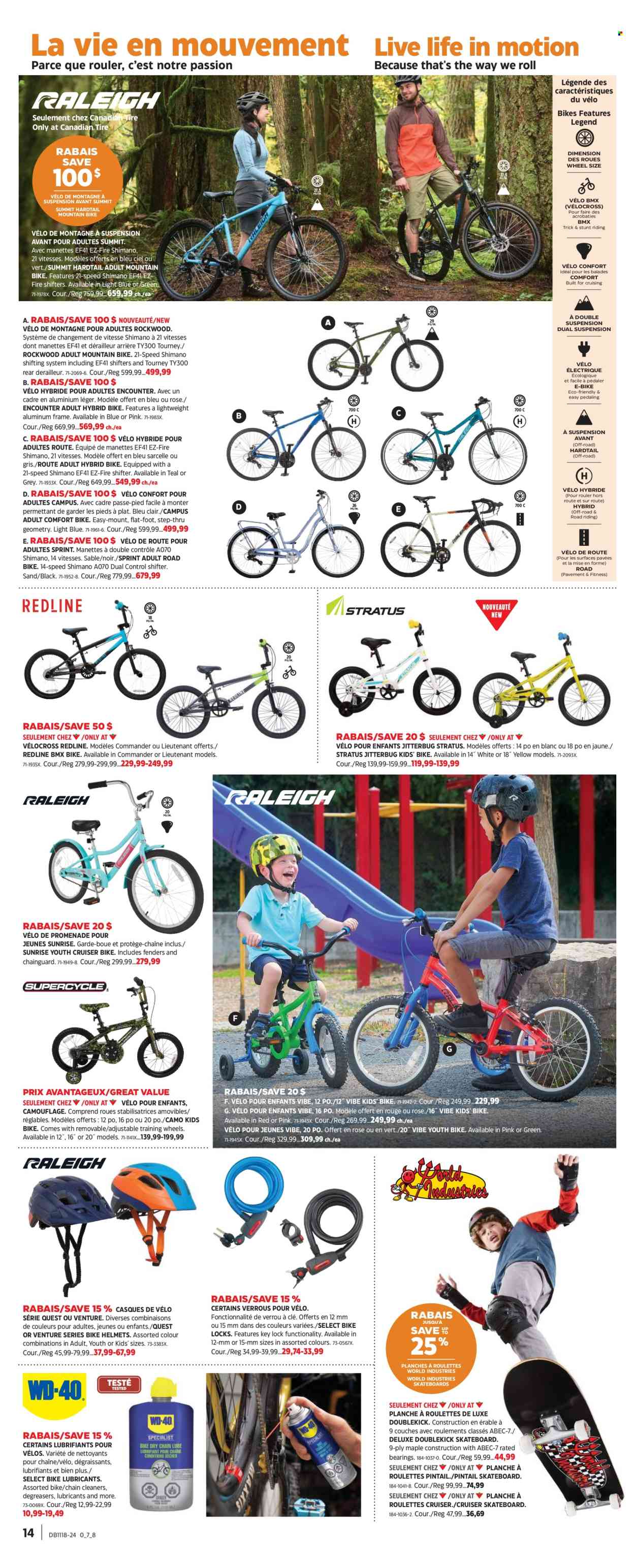 thumbnail - Circulaire Canadian Tire - 25 Avril 2024 - 15 Mai 2024 - Produits soldés - skateboard, vélo électrique, vélo de montagne, verrou. Page 13.