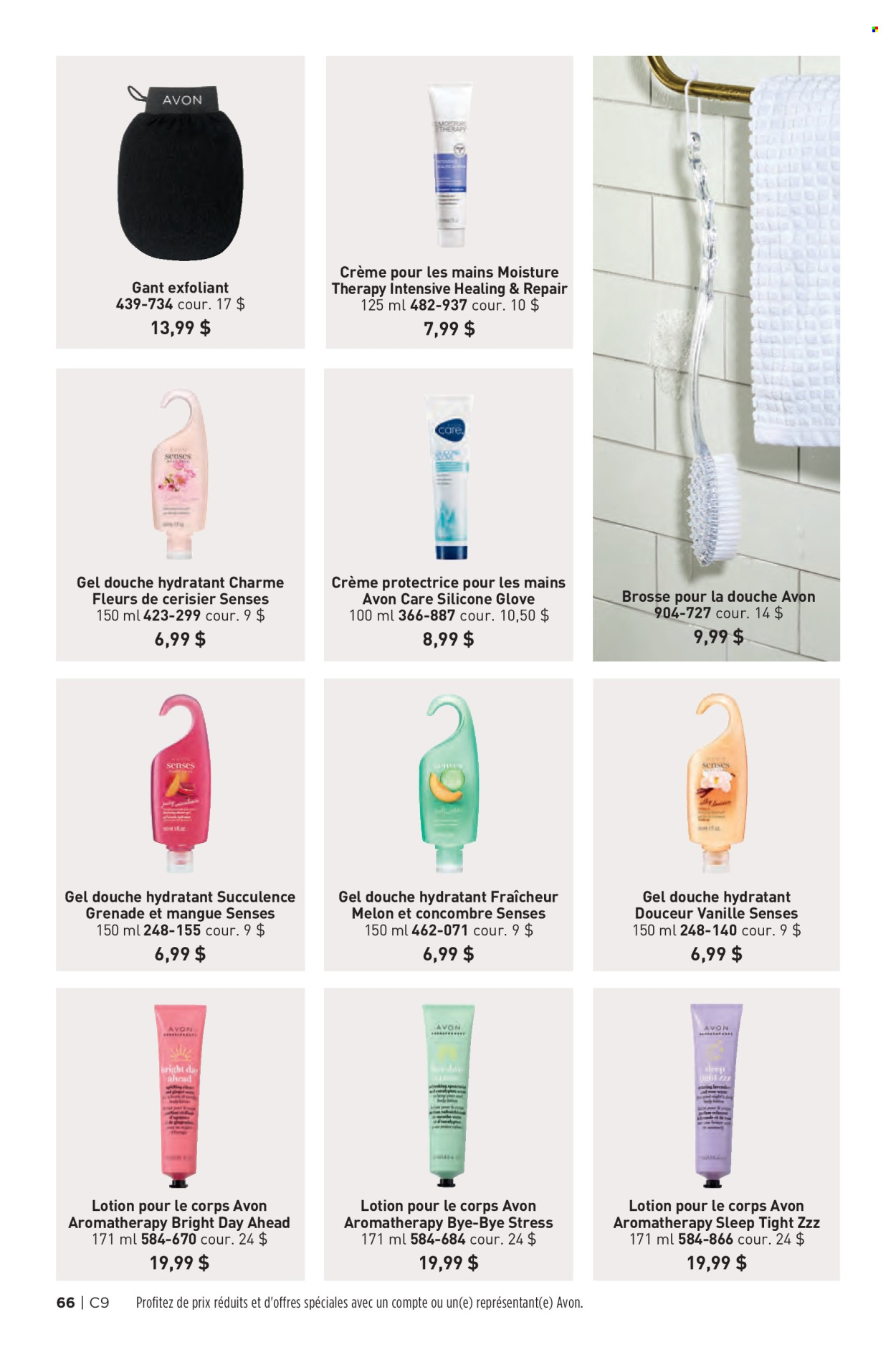 thumbnail - Circulaire Avon - Produits soldés - gel douche, brosse, lotion pour le corps, crème mains. Page 66.