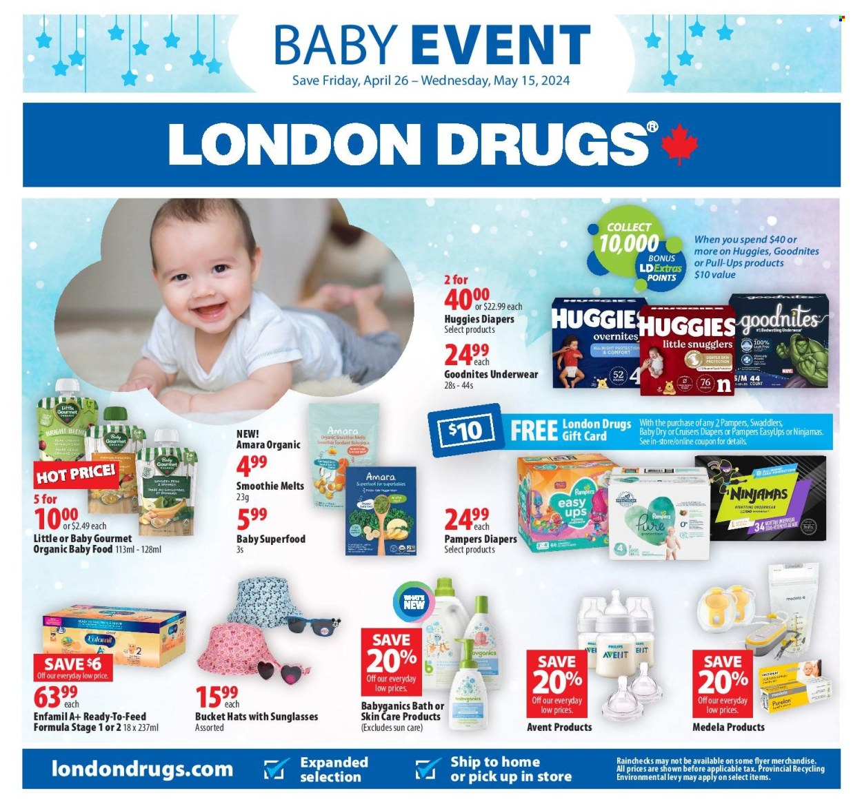 thumbnail - Circulaire London Drugs - 26 Avril 2024 - 15 Mai 2024 - Produits soldés - Philips, Fondant, gingembre, smoothie, Huggies, Pampers. Page 1.