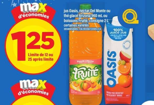 jus Oasis, nectar, Del Monte ou thé glacé Arizona 960 mL ou boissons Fruité