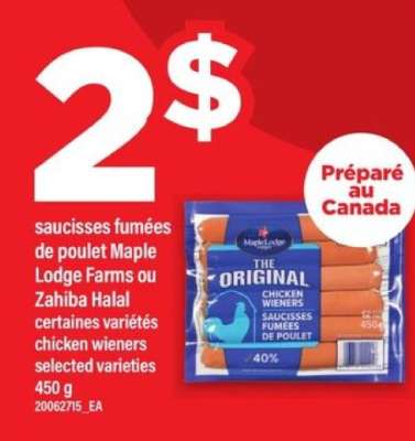 saucisses fumées de poulet Maple Lodge Farms ou Zahiba Halal