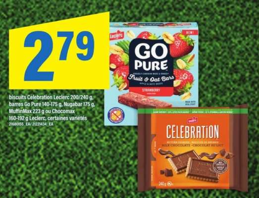 biscuits Celebration Leclerc 200/240 g, barres Go Pure 140-175 g, Nugabar 175 g, MuffinMax 223 g ou Chocomax 160-192 g Leclerc, certaines variétés