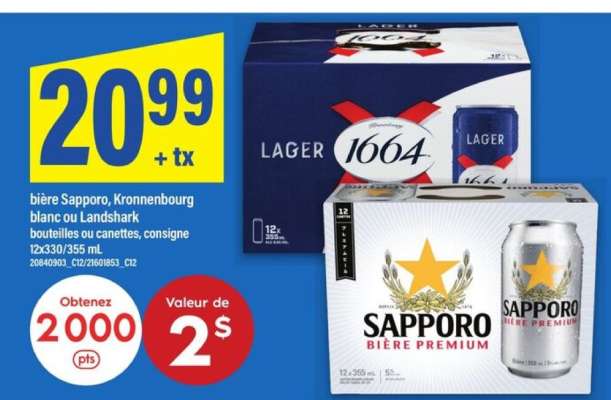 bière Sapporo, Kronnenbourg blanc ou Landshark