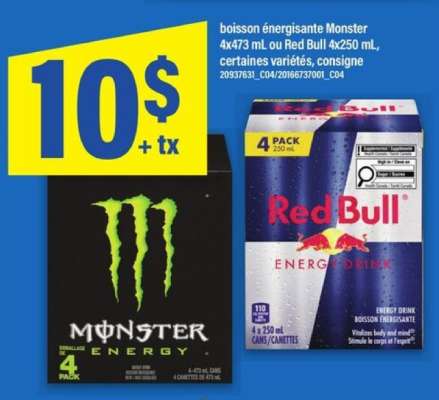boisson énergisante Monster 4x473 mL ou Red Bull 4x250 mL