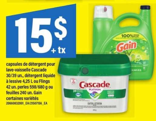 Capsules de détergent Cascade, détergent liquide à lessive Gain