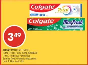 COLGATE MAXFRESH (150mL), TOTAL (120mL) or/or TOTAL ADVANCED (70mL) Toothpaste / Dentifrice