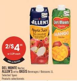 DEL MONTE Nectar, ALLEN'S or OASIS Beverages