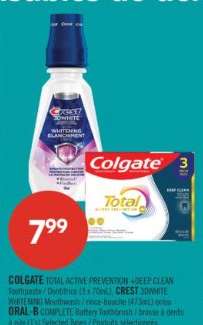 COLGATE TOTAL ACTIVE PREVENTION +DEEP CLEAN toothpaste / Dentifrice (3 x 70mL), CREST 3DWHITE WHITENING Mouthwash / rince-bouche (473mL) or ORAL-B COMPLETE Battery toothbrush / brosse à dents