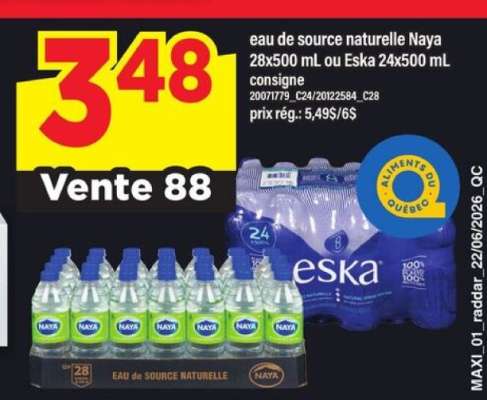 eau de source naturelle Naya 28x500 mL ou Eska 24x500 mL
