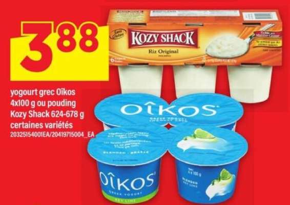 yogourt grec Oïkos 4x100 g ou pouding Kozy Shack 624-678 g
