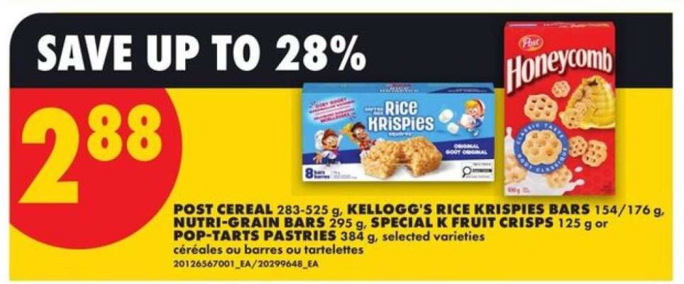 POST CEREAL, KELLOGG'S RICE KRISPIES BARS, NUTRI-GRAIN BARS, SPECIAL K FRUIT CRISPS, POP-TARTS PASTRIES