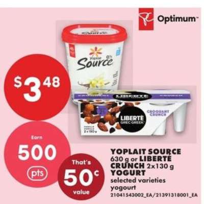 Yoplait Source or Liberte Crunch Yogurt