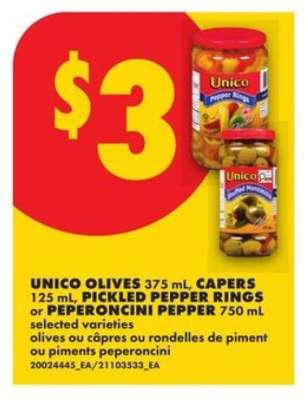 UNICO OLIVES, CAPERS, PICKLED PEPPER RINGS, or PEPERONCINI PEPPER