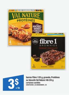 barres Fibre 1 125 g, granola, Protéines ou biscuits Val Nature 148-210 g