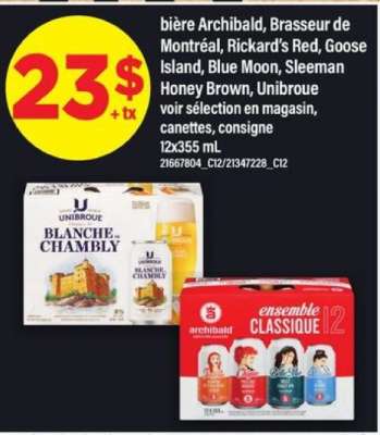bière Archibald, Brasseur de Montréal, Rickard’s Red, Goose Island, Blue Moon, Sleeman Honey Brown, Unibroue