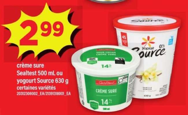 crème sure Sealtest 500 mL ou yogourt Source 630 g