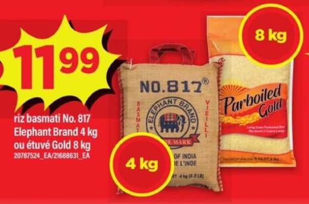 riz basmati No. 817 Elephant Brand 4 kg ou étuvé Gold 8 kg