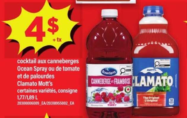 Cocktail aux canneberges Ocean Spray ou de tomate et de palourdes Clamato Mott's