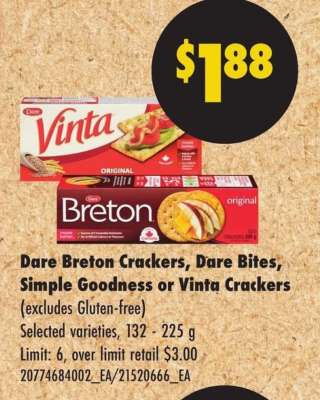 Dare Breton Crackers, Dare Bites, Simple Goodness or Vinta Crackers