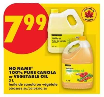 NO NAME 100% PURE CANOLA or VEGETABLE OIL