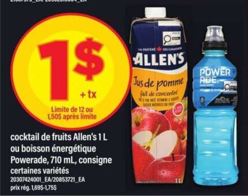 cocktail de fruits Allen's 1 L ou boisson énergétique Powerade, 710 mL