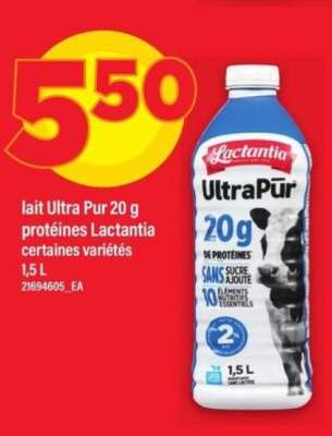 lait Ultra Pur 20 g protéines Lactantia certaines variétés