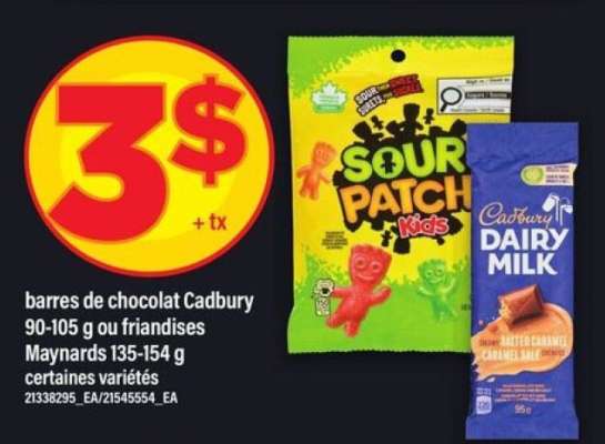 barres de chocolat Cadbury ou friandises Maynards