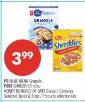 PC BLUE MENU GRANOLA, POST SHREDDIES or HONEY BUNCHES OF OATS Cereal