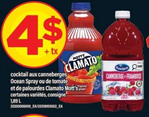 Cocktail aux canneberges Ocean Spray ou de tomate et de palourdes Clamato Mott's