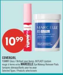 COVERGIRL YUMMY Gloss / Brillant pour lèvres, OUTLAST Lipstain rouge à lèvres et/ou MARCELLE Eye Makeup Remover Pads tampons démaquillants pour les yeux