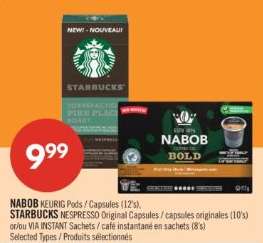 NABOB KEURIG Pods / Capsules (12's), STARBUCKS NESPRESSO Original Capsules / capsules originales (10's) or/via INSTANT Sachets / café instantané en sachets (8's)