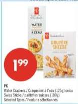 PC Water Crackers / Craquelins à l'eau (125g) or/ou Swiss Sticks / paillettes suisses (100g)