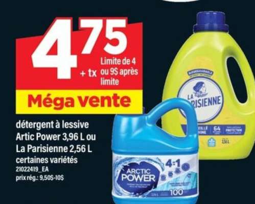 détergent à lessive Artic Power 3,96 L ou La Parisienne 2,56 L