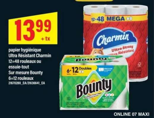 papier hygiénique Ultra Résistant Charmin 12–48 rouleaux ou essuie-tout Bounty 6–12 rouleaux