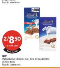 LINDT SWISS CLASSIC Chocolate Bar / Barre de chocolat 100g