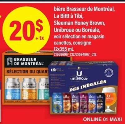 bière Brasseur de Montréal, La Bitt à Tibi, Sleeman Honey Brown, Unibroue ou Boréale