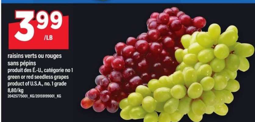 raisins verts ou rouges sans pépins
