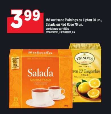 thé ou tisane Twinings ou Lipton 20 un., Salada ou Red Rose 70 un.