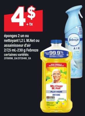 éponges 2 un ou nettoyant 1,2 L M.Net ou assainisseur d’air 275 mL-230 g Febreze