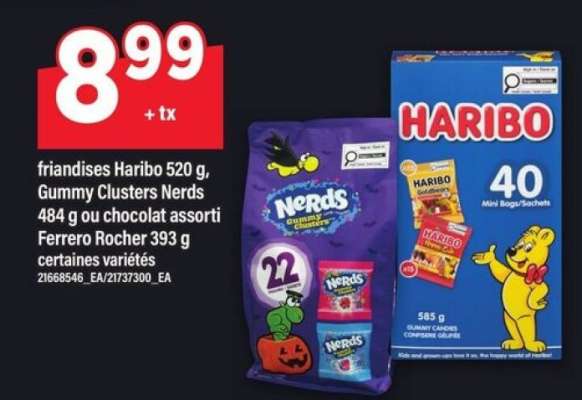 friandises Haribo, Gummy Clusters Nerds ou chocolat assorti Ferrero Rocher