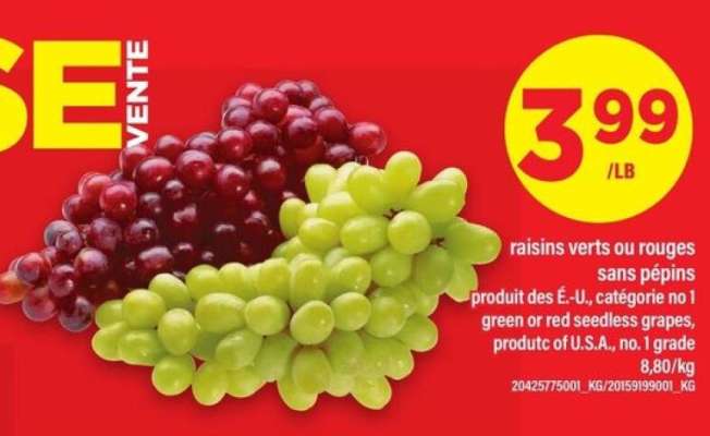 raisins verts ou rouges sans pépins