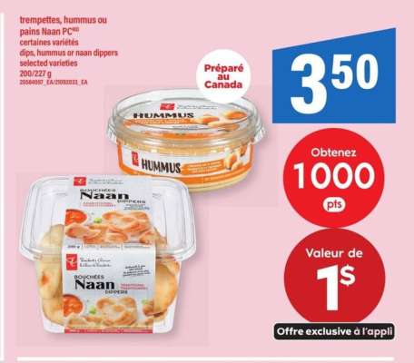 Trempettes, hummus ou pains Naan PC