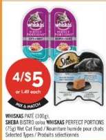 WHISKAS PATE (100g), SHEBA BISTRO or WHISKAS PERFECT PORTIONS (75g)