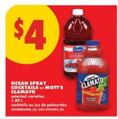 OCEAN SPRAY COCKTAILS or MOTT'S CLAMATO
