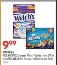 KELLOGG'S RICE KRISPIES Squares Minis / Carrés minis (40's) or/or WELCH'S Fruit Snacks / collations aux fruits (45's)