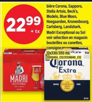 bière Corona, Sapporo, Stella Artois, Beck's, Modelo, Blue Moon, Hoegaarden, Kronenbourg, Carlsberg, Landshark, Madri Exceptional ou Sol