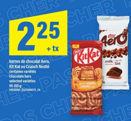 Barres de chocolat Aero, Kit Kat ou Crunch Nestlé
